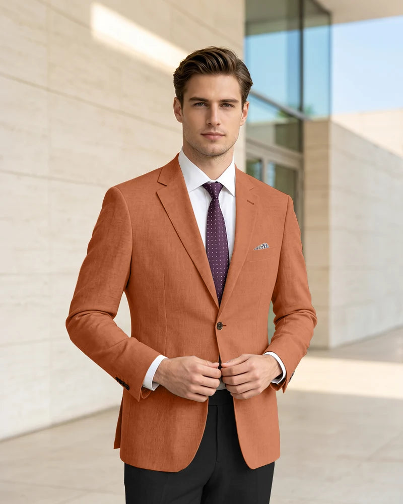 Slim Fit Notch Lapel Linen Timeless Blazer-Burnt Orange-1