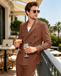 Linen Suit 2 Piece Double Breasted Slim Fit Summer Blazer and Pants -Burnt Orange -1
