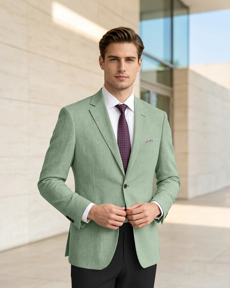 Slim Fit Notch Lapel Linen Timeless Blazer-Dusty Sage-1