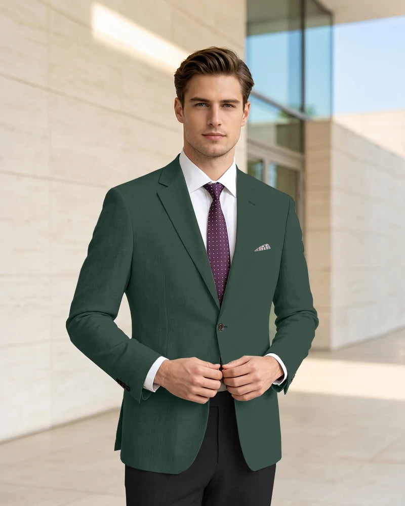 Slim Fit Notch Lapel Linen Timeless Blazer-Green-1