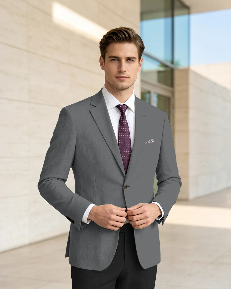 Slim Fit Notch Lapel Linen Timeless Blazer-Grey-1
