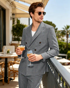 Linen Suit 2 Piece Double Breasted Slim Fit Summer Blazer and Pants -Grey -1
