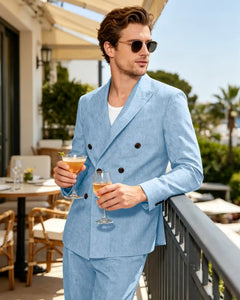 Linen Suit 2 Piece Double Breasted Slim Fit Summer Blazer and Pants -Light Sky Blue -1
