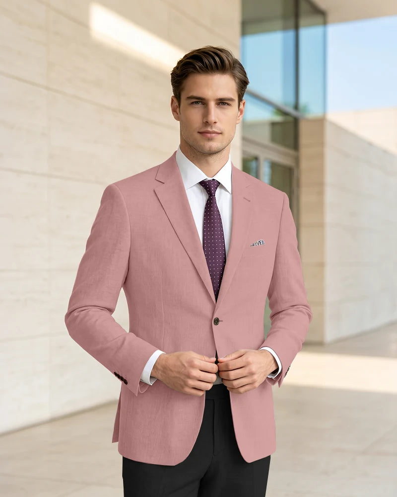 Slim Fit Notch Lapel Linen Timeless Blazer-Pink-1