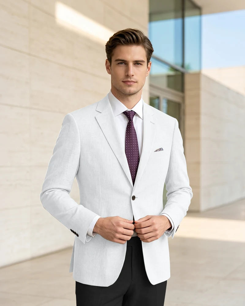 Slim Fit Notch Lapel Linen Timeless Blazer-White-1