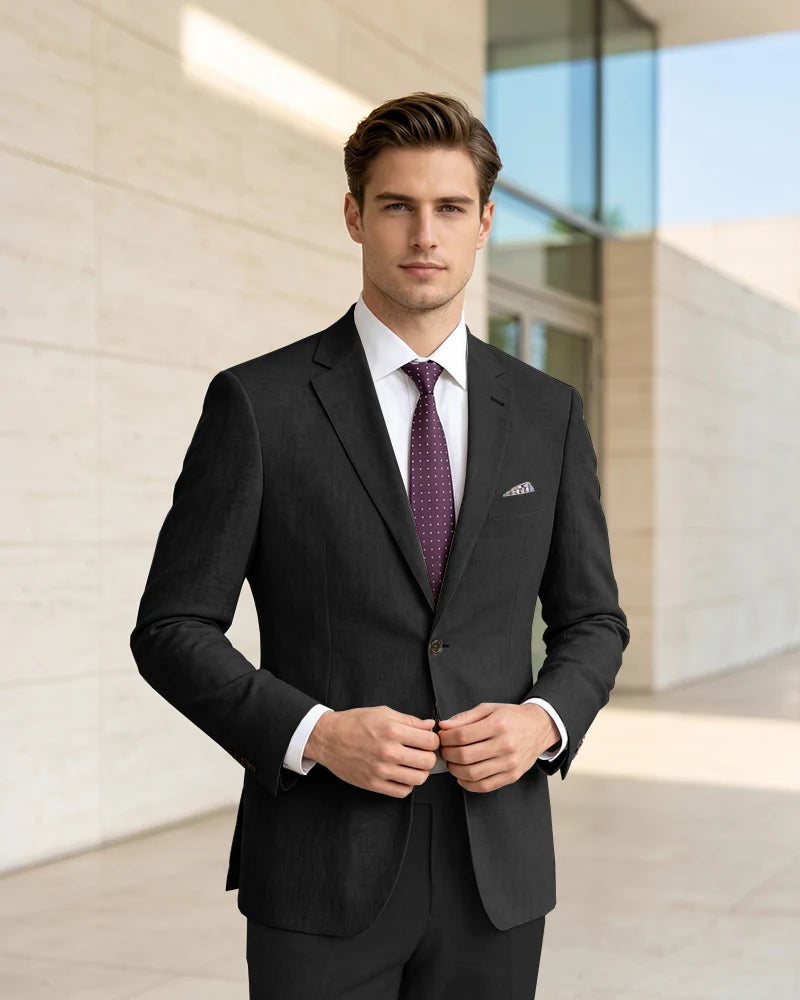 Slim Fit Notch Lapel Linen Timeless Blazer-black-1