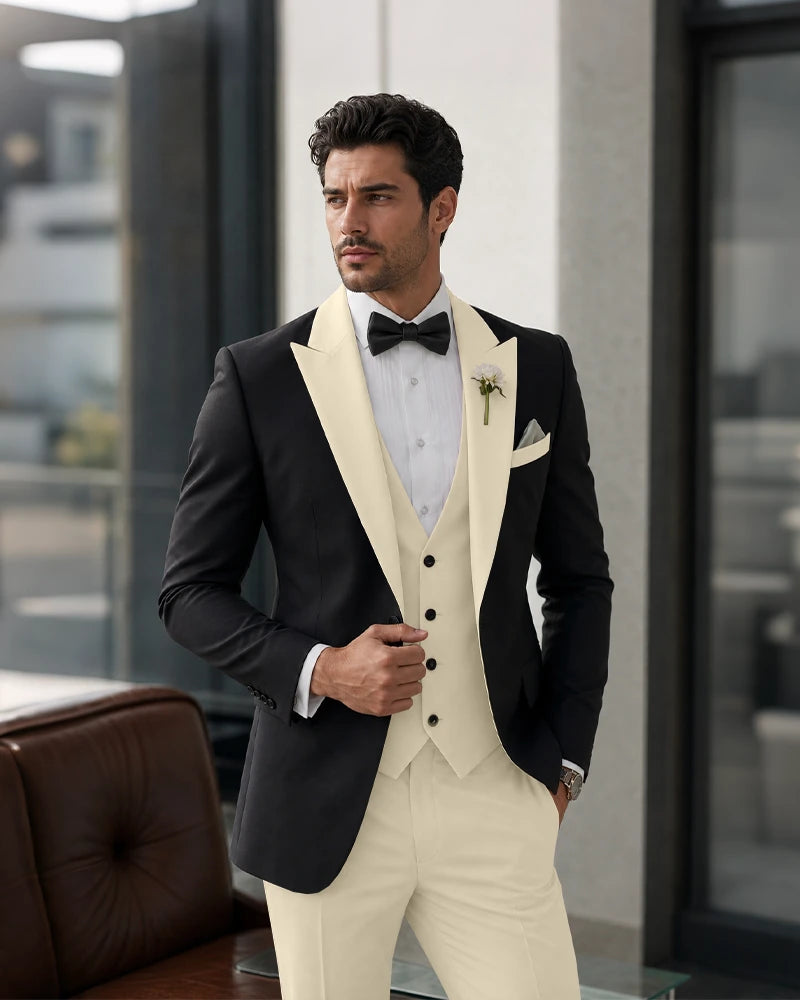 3 Piece Tuxedo Contrast Suit with Peak Lapel