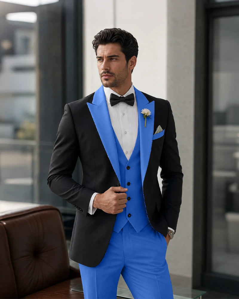 3 Piece Tuxedo Contrast Suit with Peak Lapel