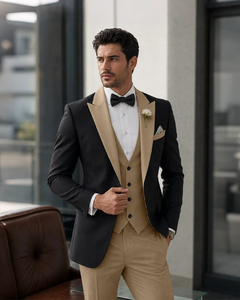 3 Piece Tuxedo Contrast Suit with Peak Lapel-Brown-1