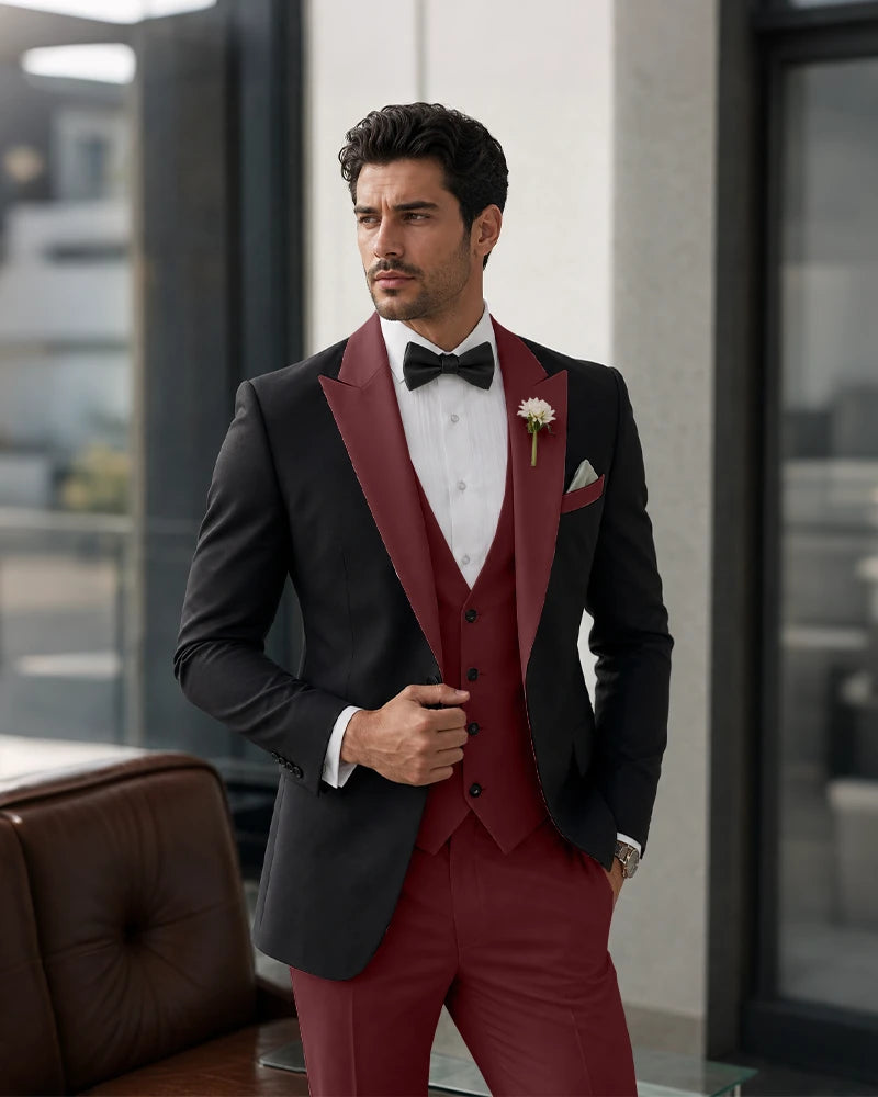 3 Piece Tuxedo Contrast Suit with Peak Lapel