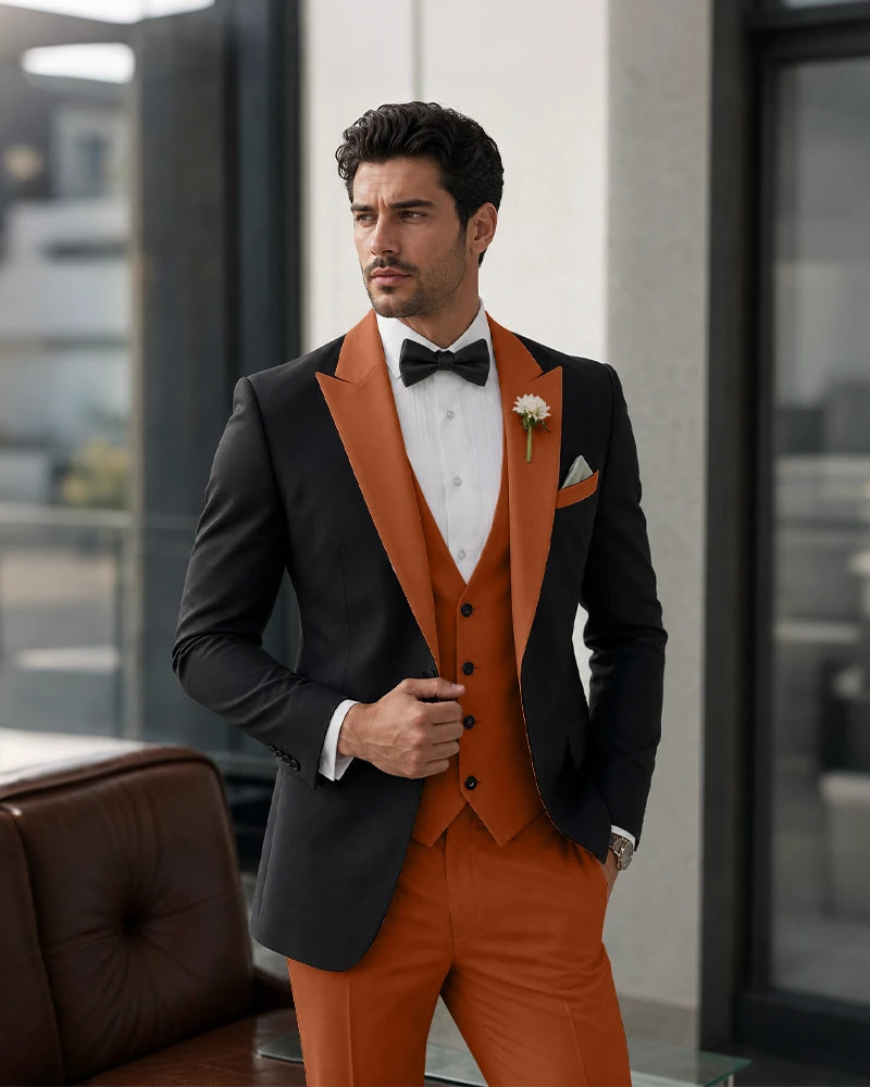3 Piece Tuxedo Contrast Suit with Peak Lapel