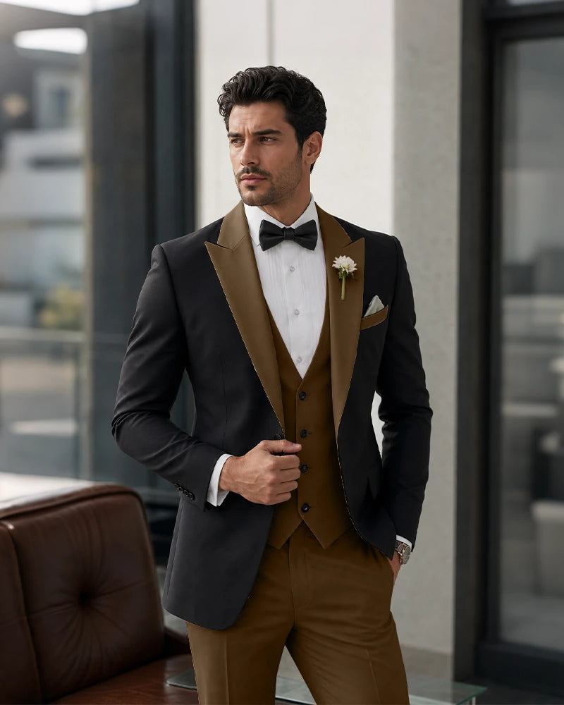 3 Piece Tuxedo Contrast Suit with Peak Lapel