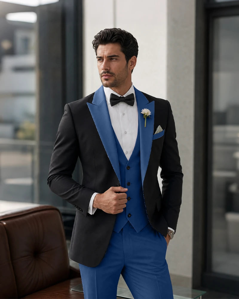 3 Piece Tuxedo Contrast Suit with Peak Lapel-Dark Navy-1