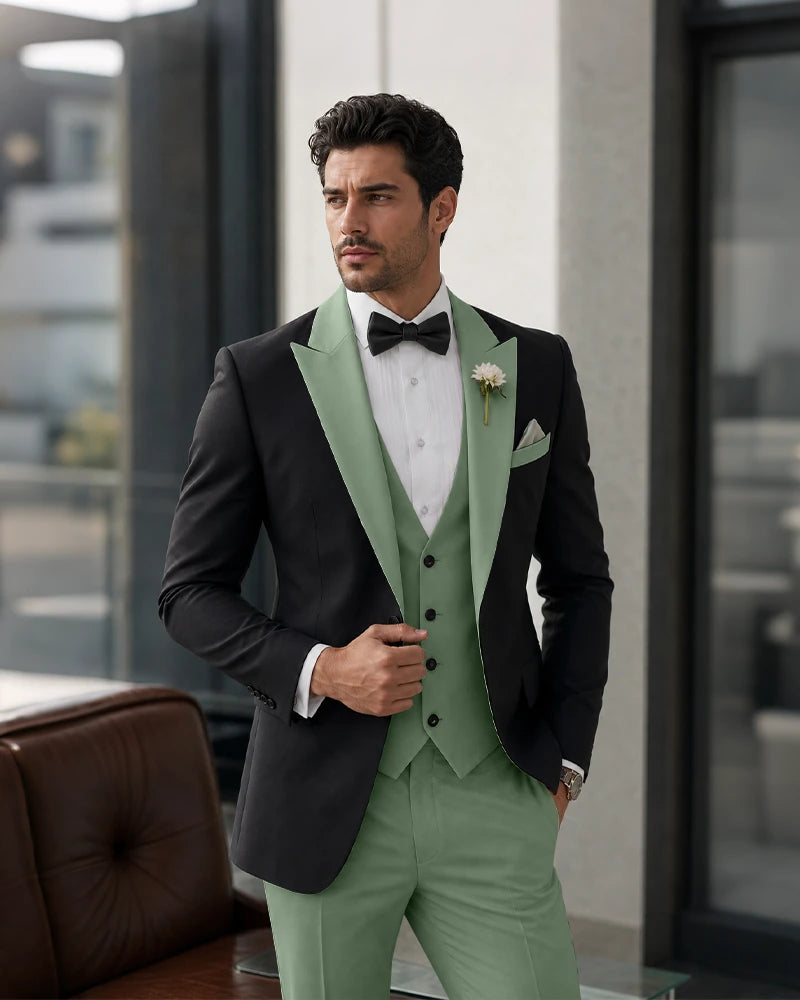3 Piece Tuxedo Contrast Suit with Peak Lapel