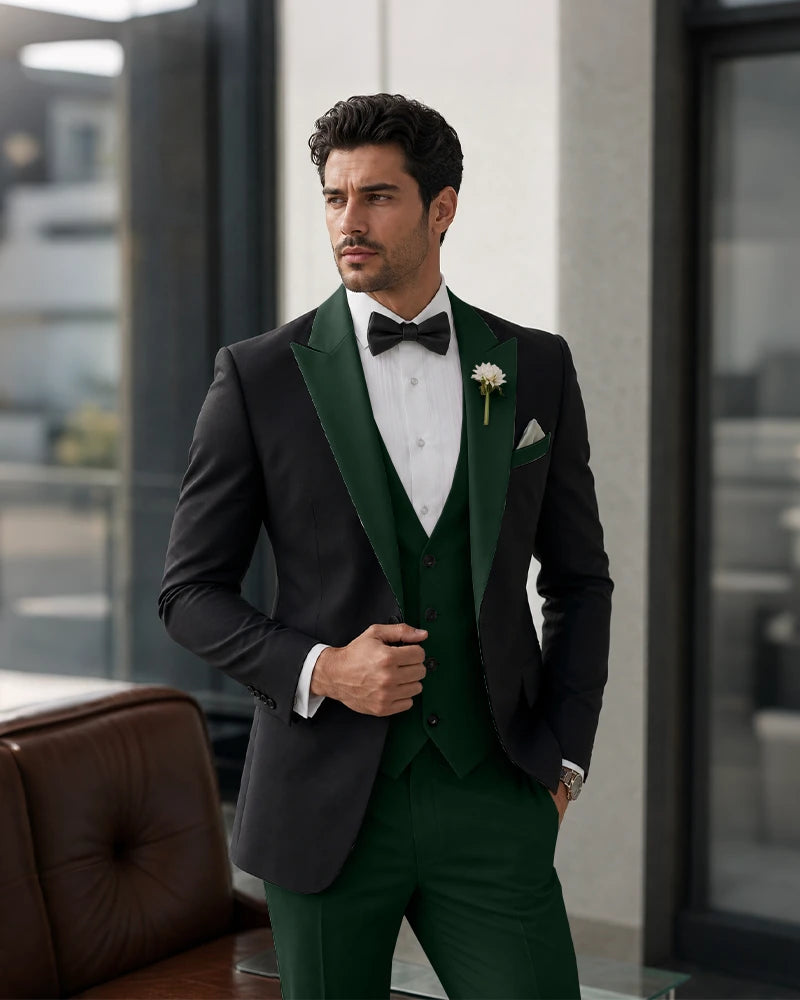 3 Piece Tuxedo Contrast Suit with Peak Lapel