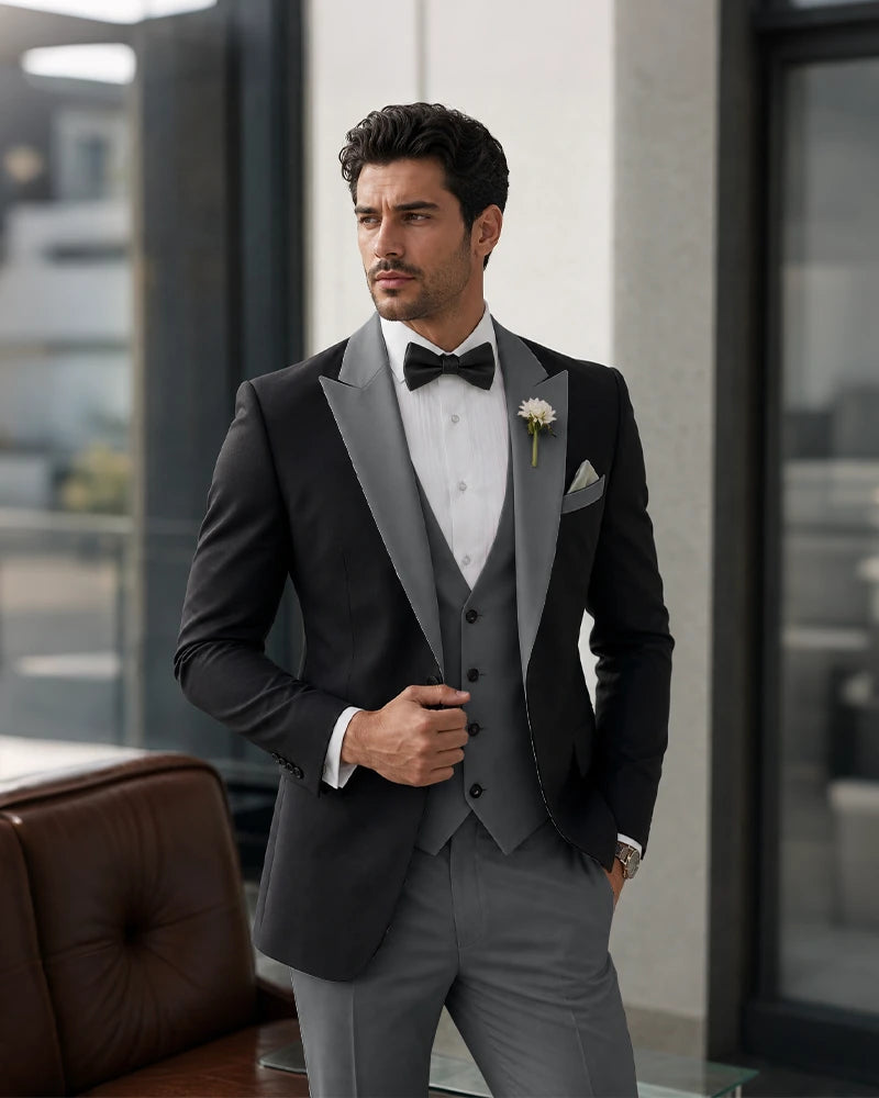 3 Piece Tuxedo Contrast Suit with Peak Lapel