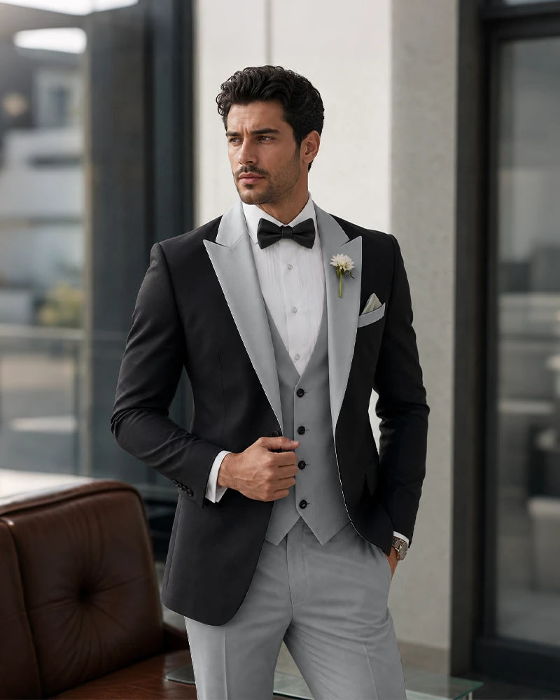 3 Piece Tuxedo Contrast Suit with Peak Lapel