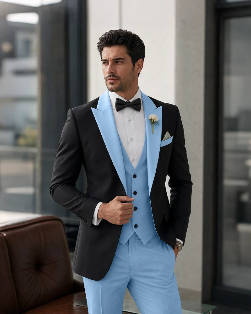 3 Piece Tuxedo Contrast Suit with Peak Lapel-Light Sky Blue-1
