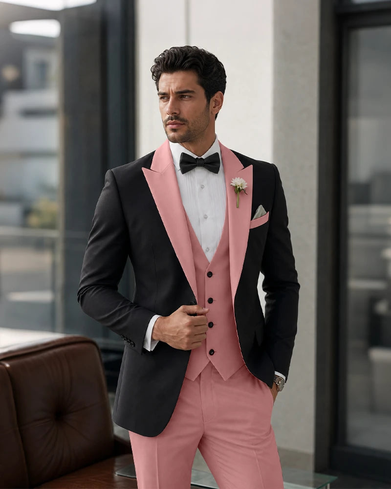 3 Piece Tuxedo Contrast Suit with Peak Lapel