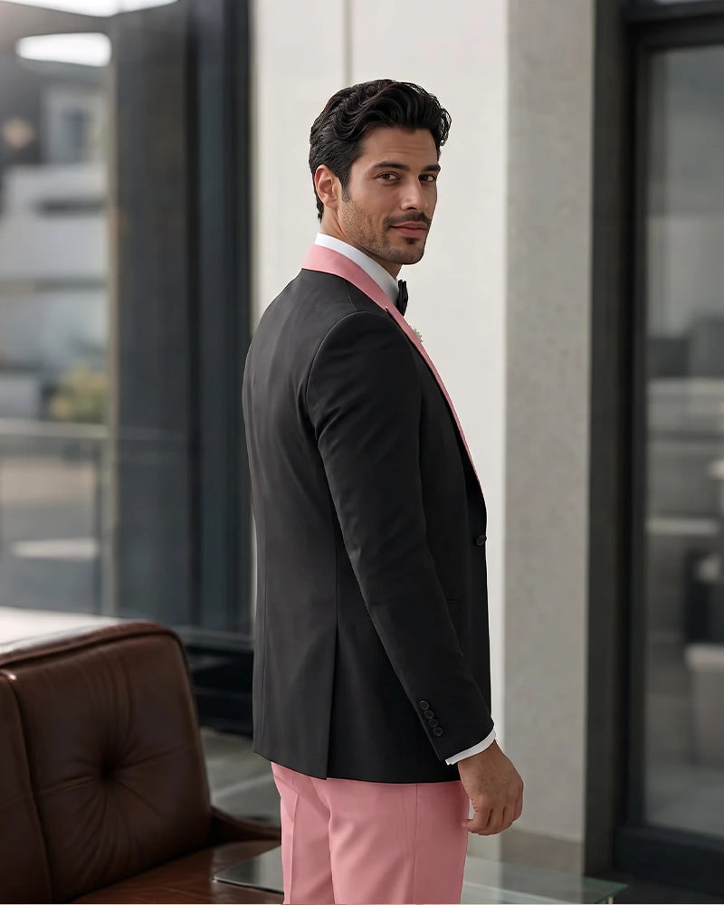 3 Piece Tuxedo Contrast Suit with Peak Lapel-Pink-2