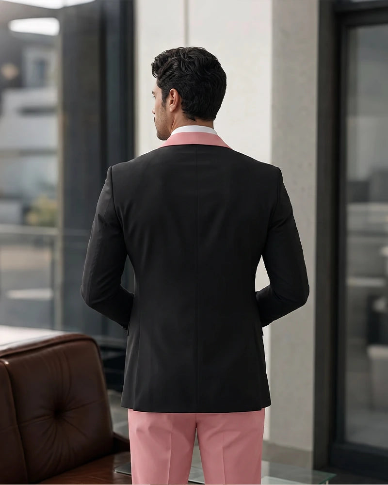3 Piece Tuxedo Contrast Suit with Peak Lapel-Pink-3