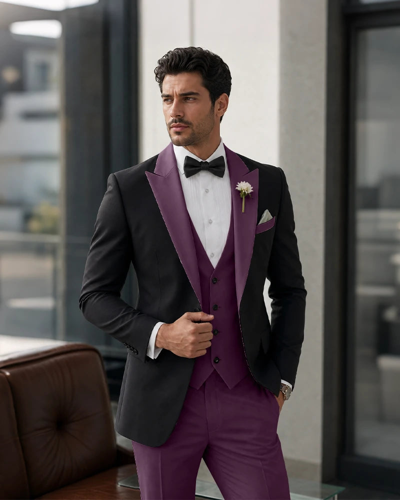 3 Piece Tuxedo Contrast Suit with Peak Lapel