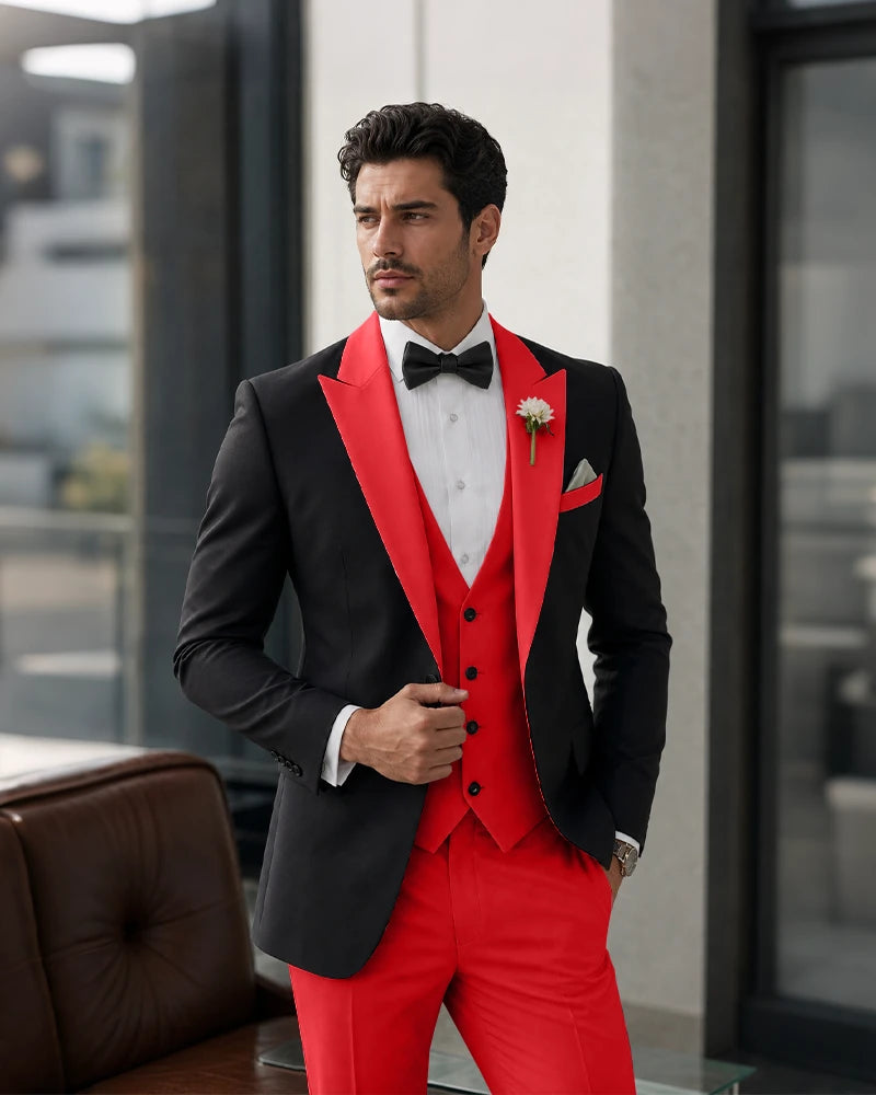 3 Piece Tuxedo Contrast Suit with Peak Lapel