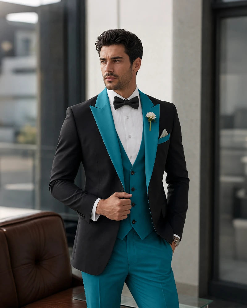 3 Piece Tuxedo Contrast Suit with Peak Lapel