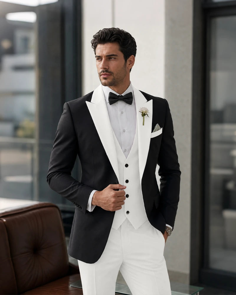 3 Piece Tuxedo Contrast Suit with Peak Lapel