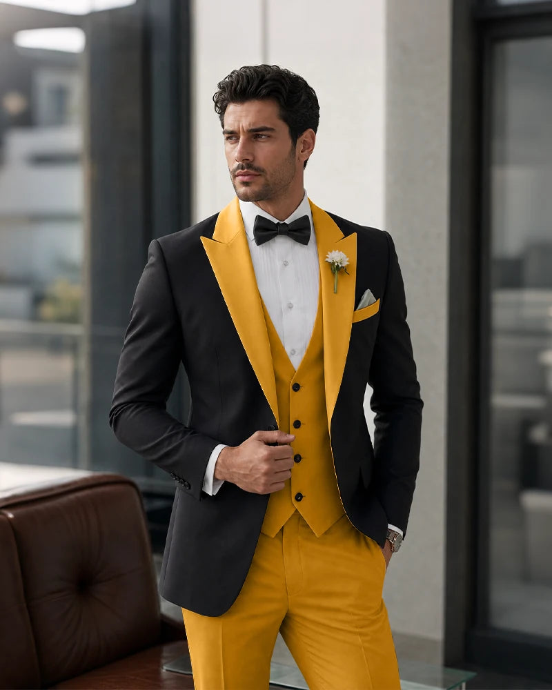 3 Piece Tuxedo Contrast Suit with Peak Lapel
