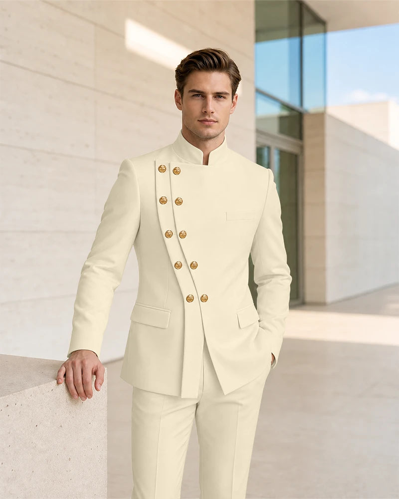 Mandarin Collar Curved Double Breasted 2 Piece Suit
