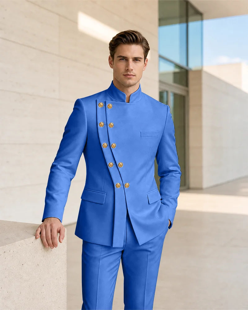 Mandarin Collar Curved Double Breasted 2 Piece Suit