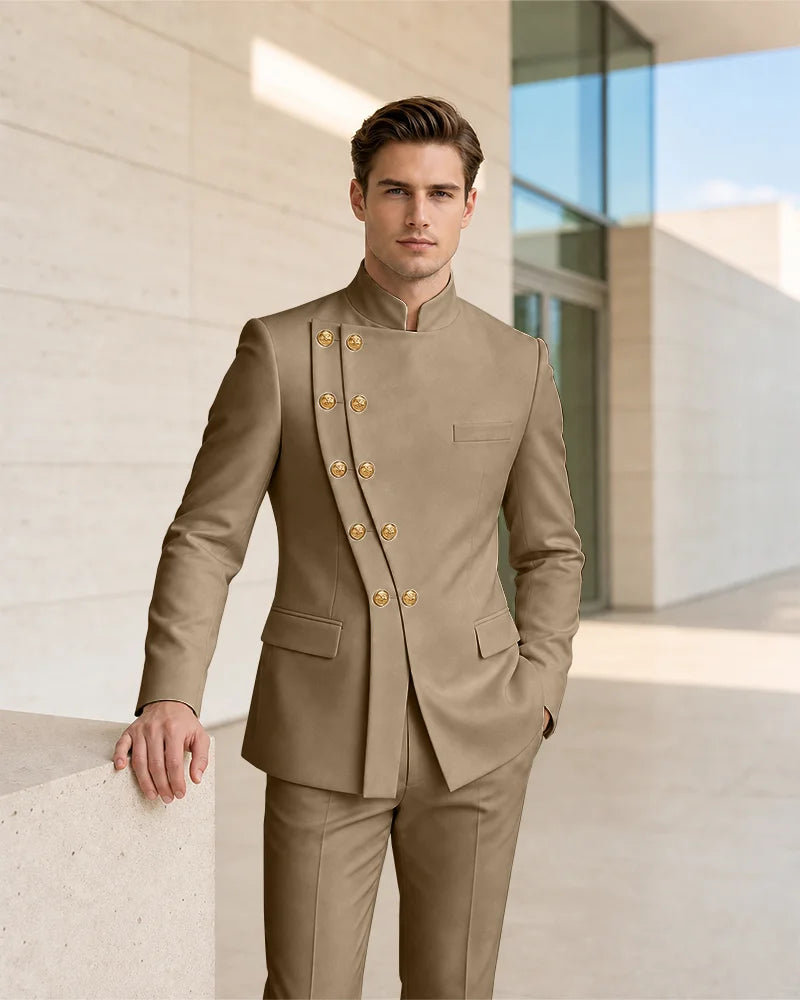 Mandarin Collar Curved Double Breasted 2 Piece Suit