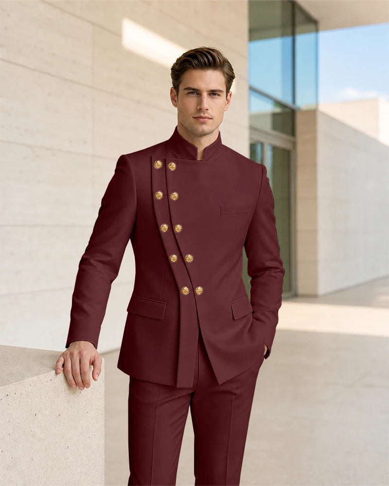 Mandarin Collar Curved Double Breasted 2 Piece Suit