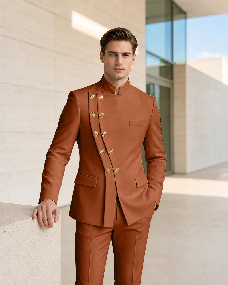Mandarin Collar Curved Double Breasted 2 Piece Suit