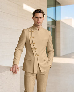 Mandarin Collar Curved Double Breasted 2 Piece Suit