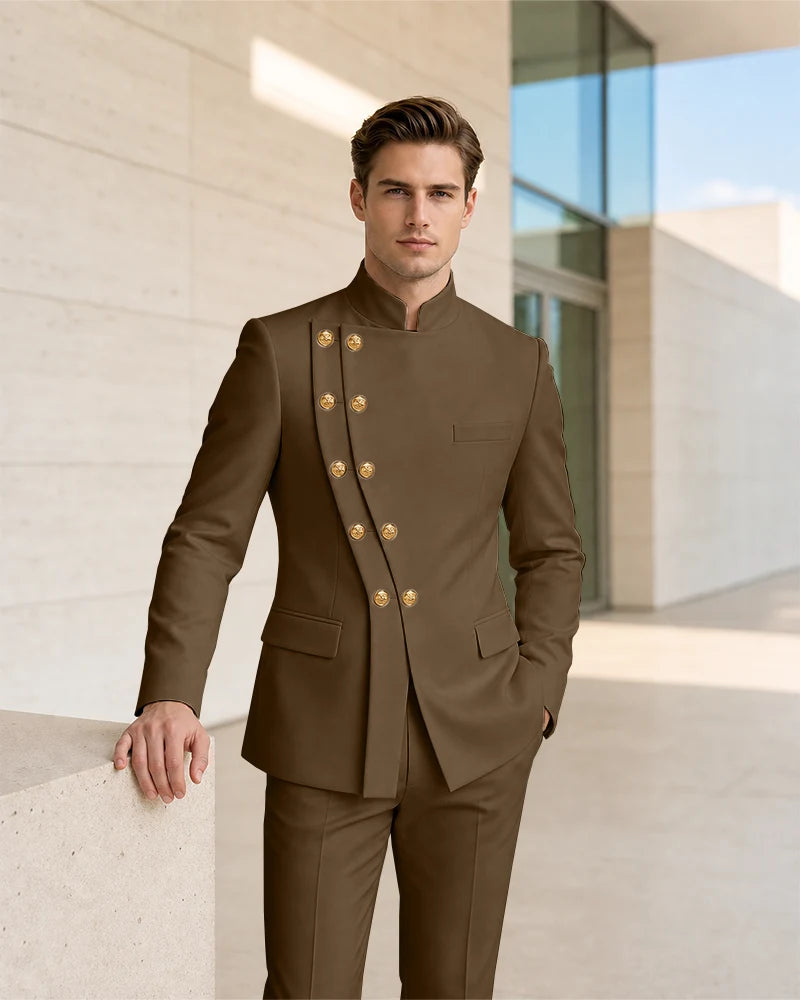 Mandarin Collar Curved Double Breasted 2 Piece Suit