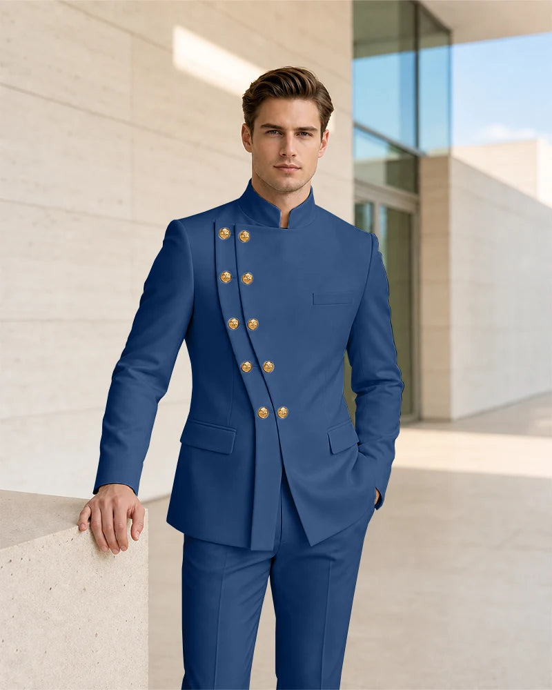 Mandarin Collar Curved Double Breasted 2 Piece Suit