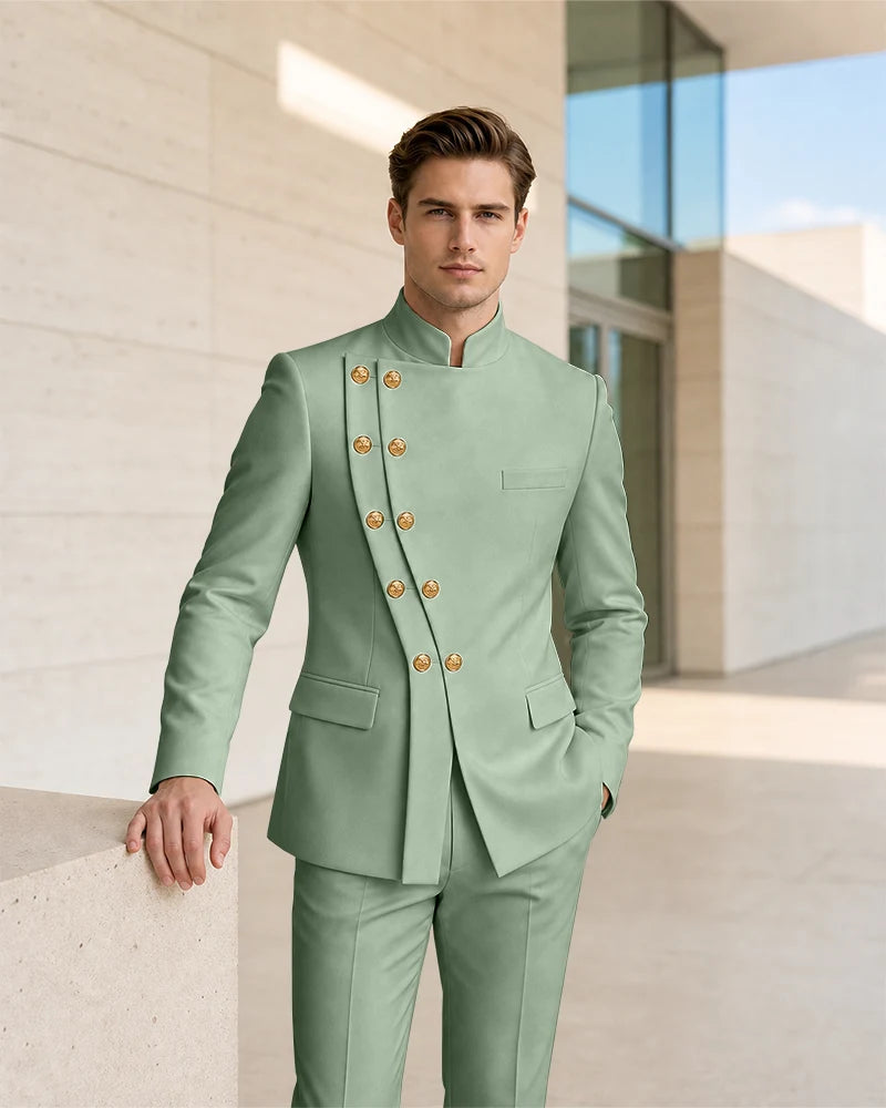 Mandarin Collar Curved Double Breasted 2 Piece Suit