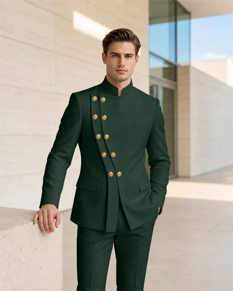 Mandarin Collar Curved Double Breasted 2 Piece Suit