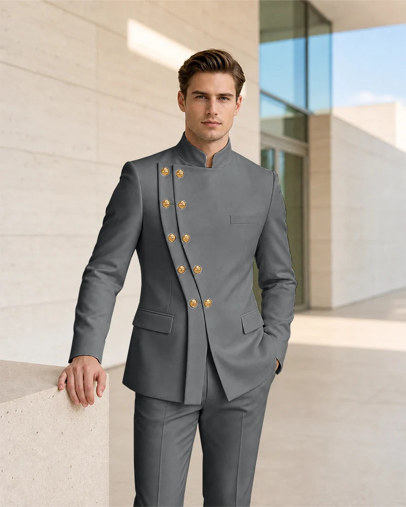 Mandarin Collar Curved Double Breasted 2 Piece Suit