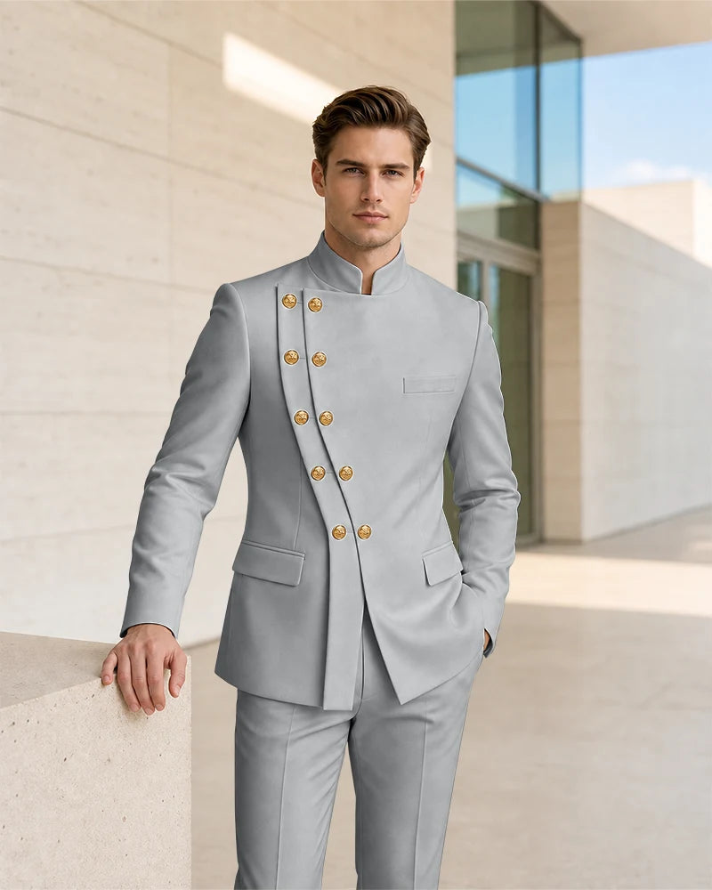 Mandarin Collar Curved Double Breasted 2 Piece Suit