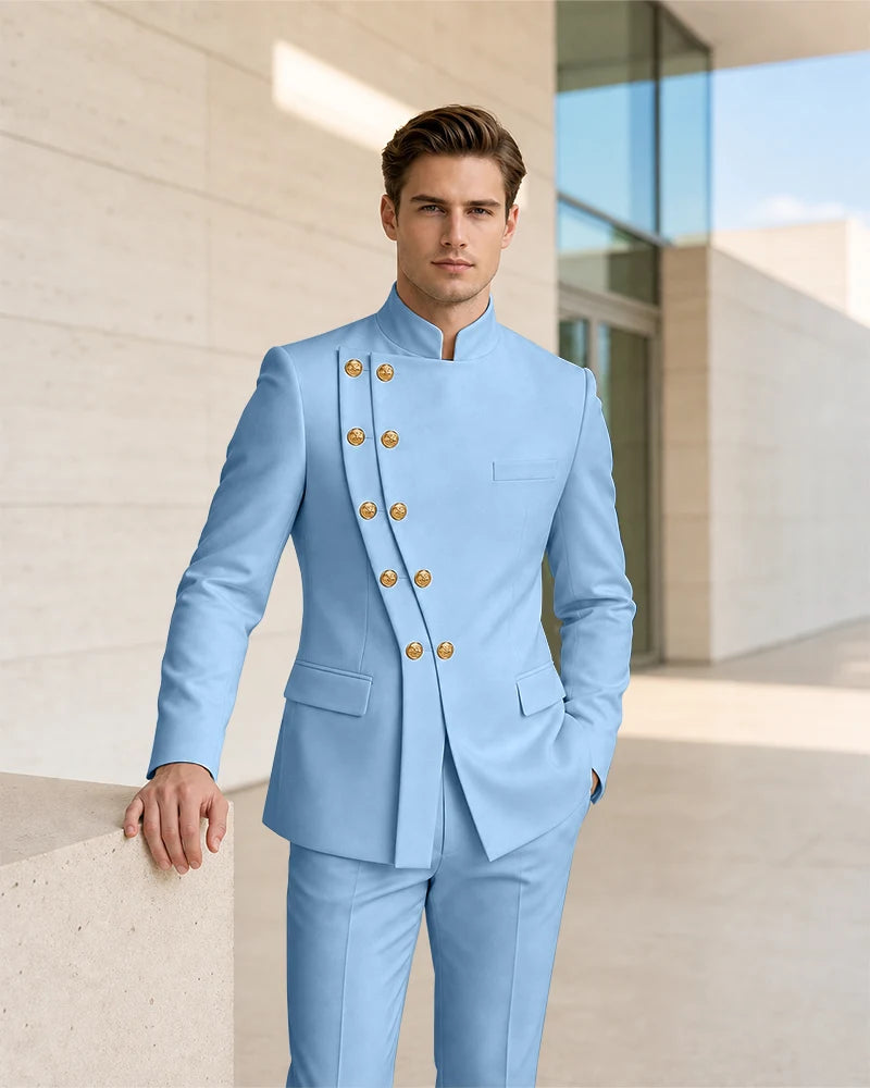Mandarin Collar Curved Double Breasted 2 Piece Suit