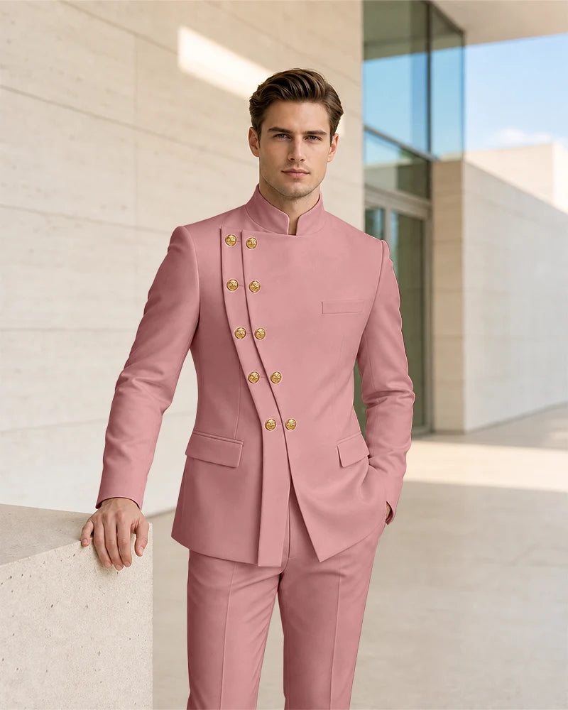 Mandarin Collar Curved Double Breasted 2 Piece Suit