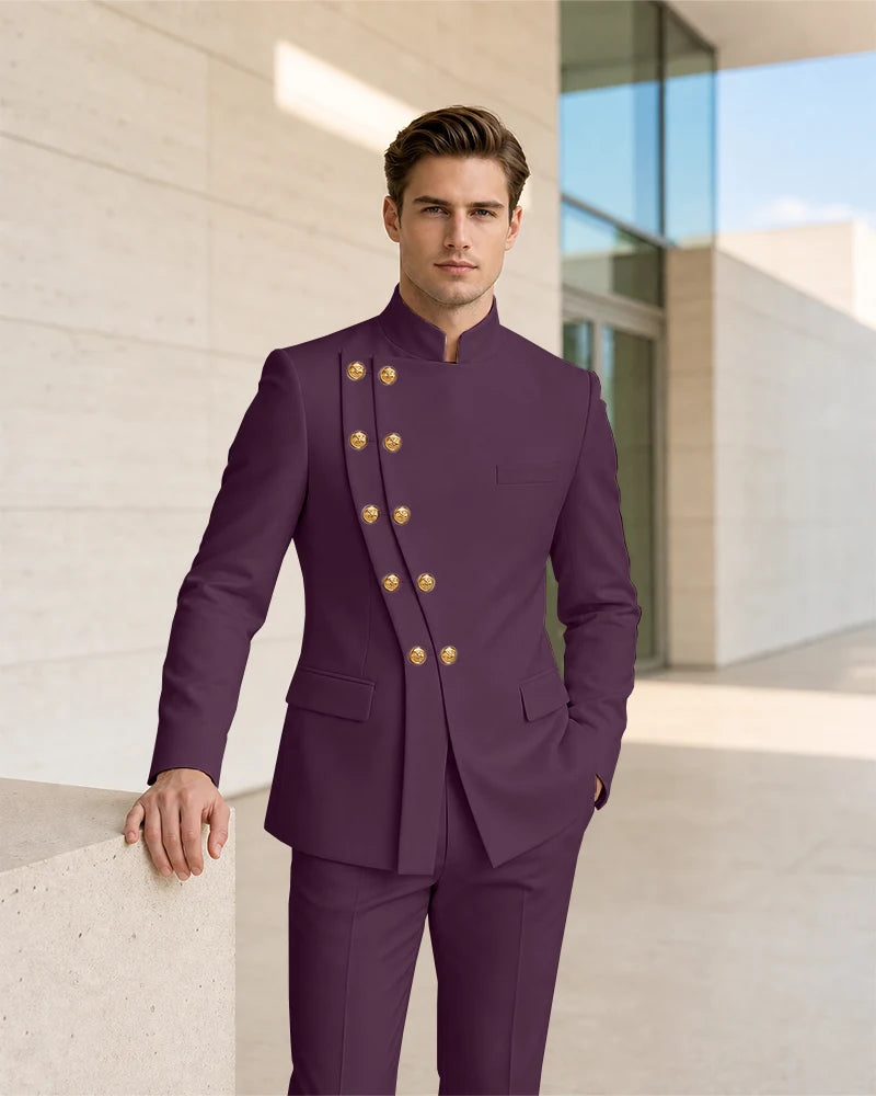 Mandarin Collar Curved Double Breasted 2 Piece Suit