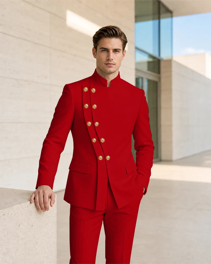 Mandarin Collar Curved Double Breasted 2 Piece Suit