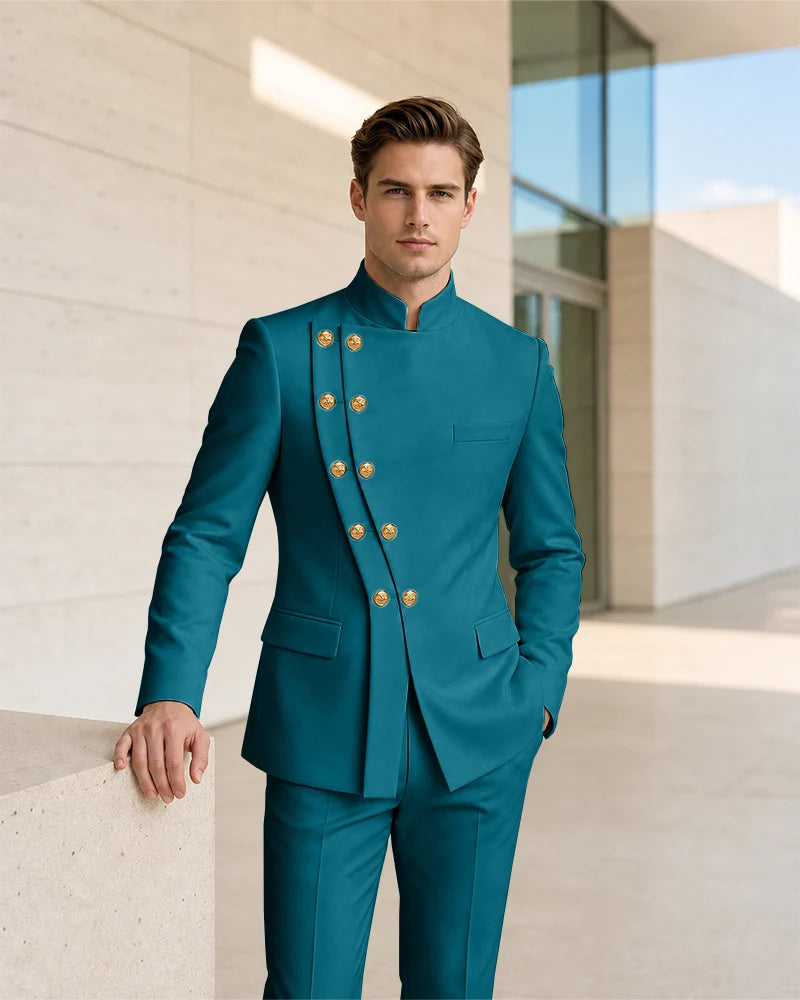 Mandarin Collar Curved Double Breasted 2 Piece Suit