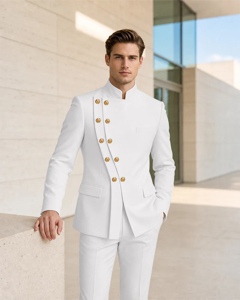 Mandarin Collar Curved Double Breasted 2 Piece Suit