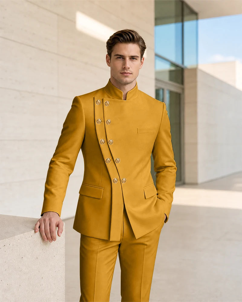 Mandarin Collar Curved Double Breasted 2 Piece Suit