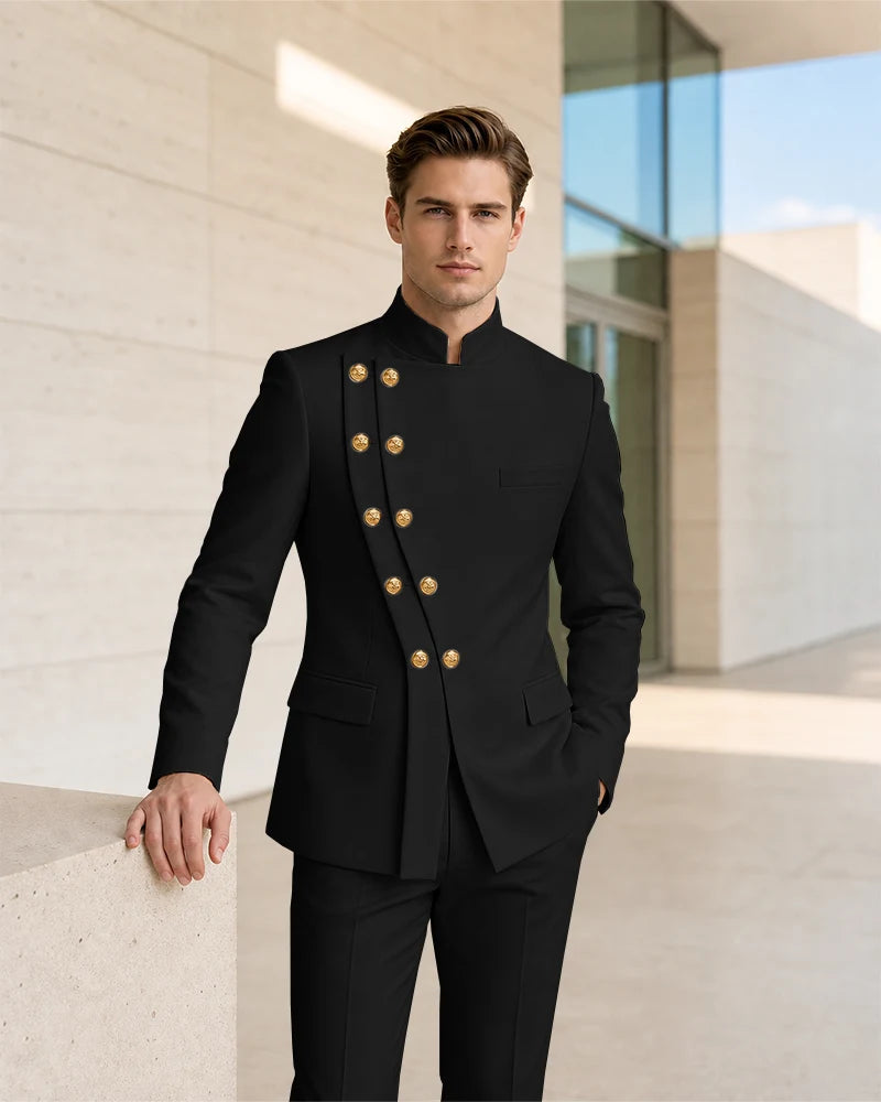 Mandarin Collar Curved Double Breasted 2 Piece Suit